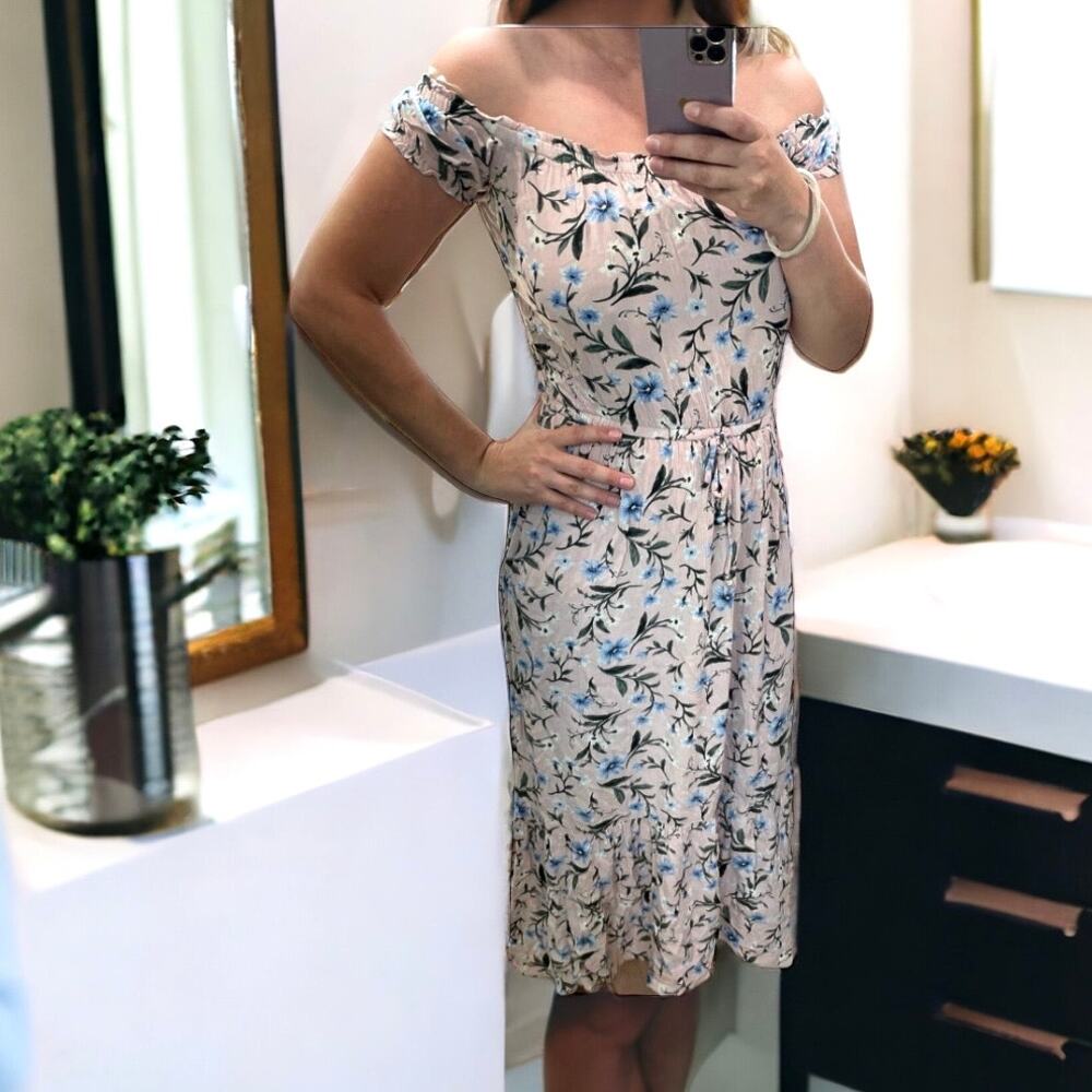 AE Floral Off Shoulder Pink Blue Floral Maxi Dress Size Small